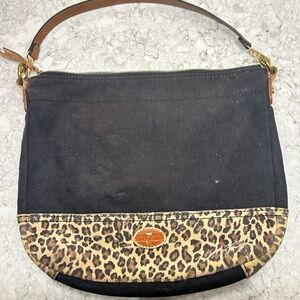 Fossil Black Canvas Shoulder Bag with Leopard Accent
